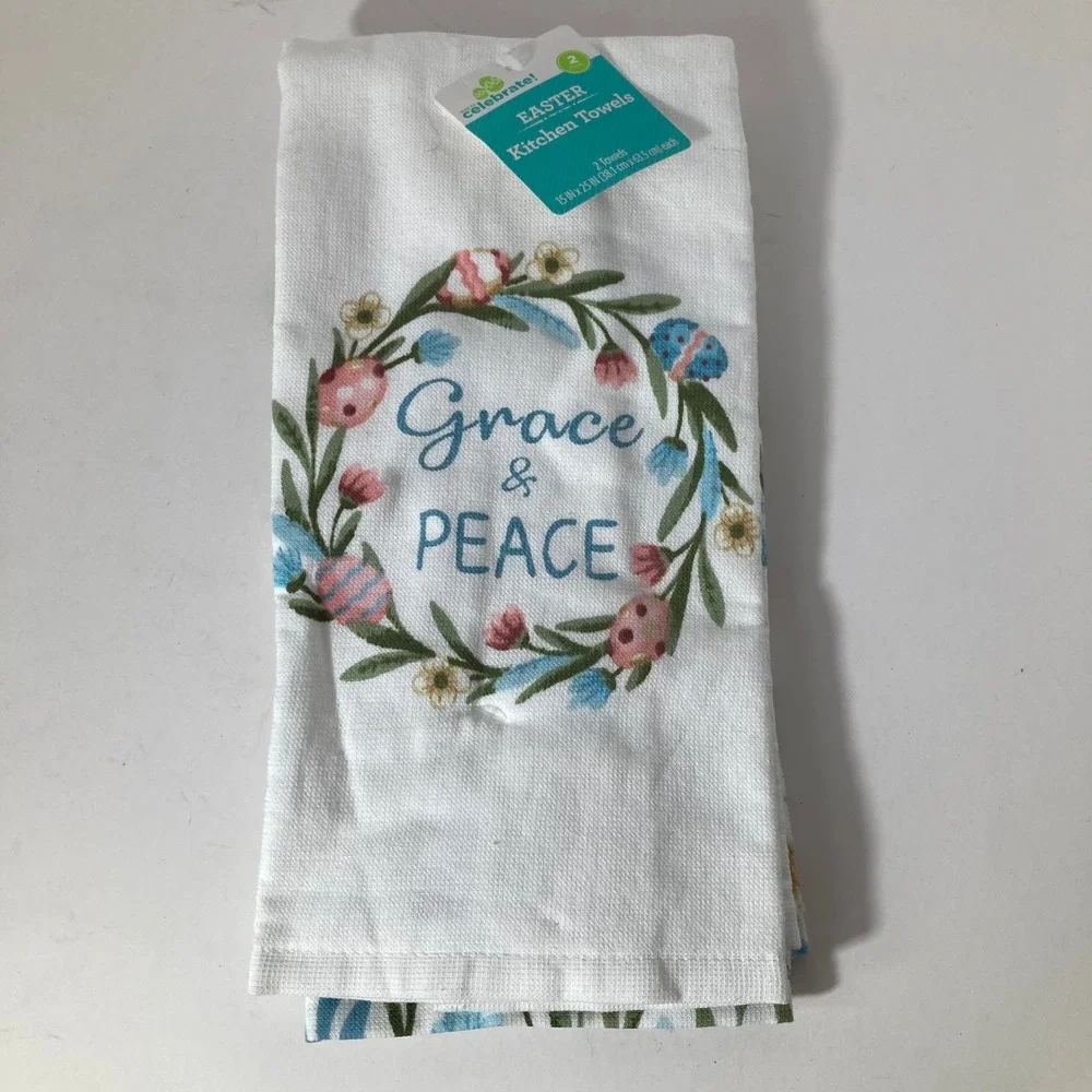 Set of Spring Easter Floral Tea Towels Grace‎ & Peace White 15 x 25